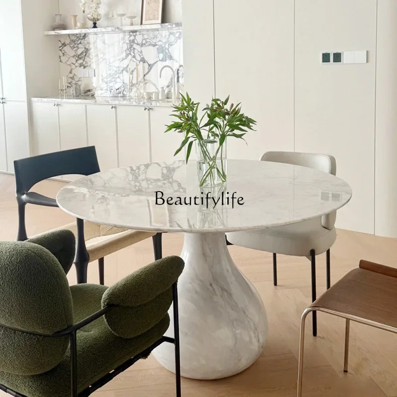 LJY*Italian natural marble dining table high-grade marble cream French light luxury round table