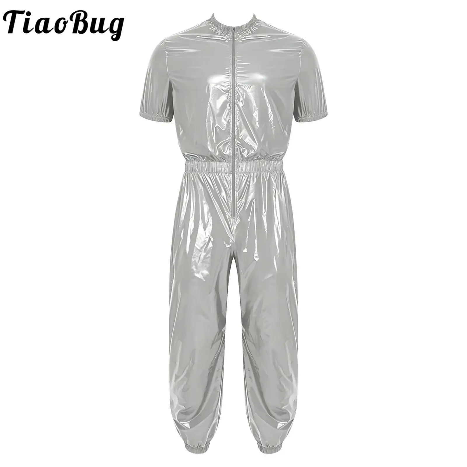 Men Raincoat Sauna Tracksuit One Piece Short Sleeve Front Zip Elastic Waist Pockets Jogging Pants Waterproof Unitard Jumpsuit