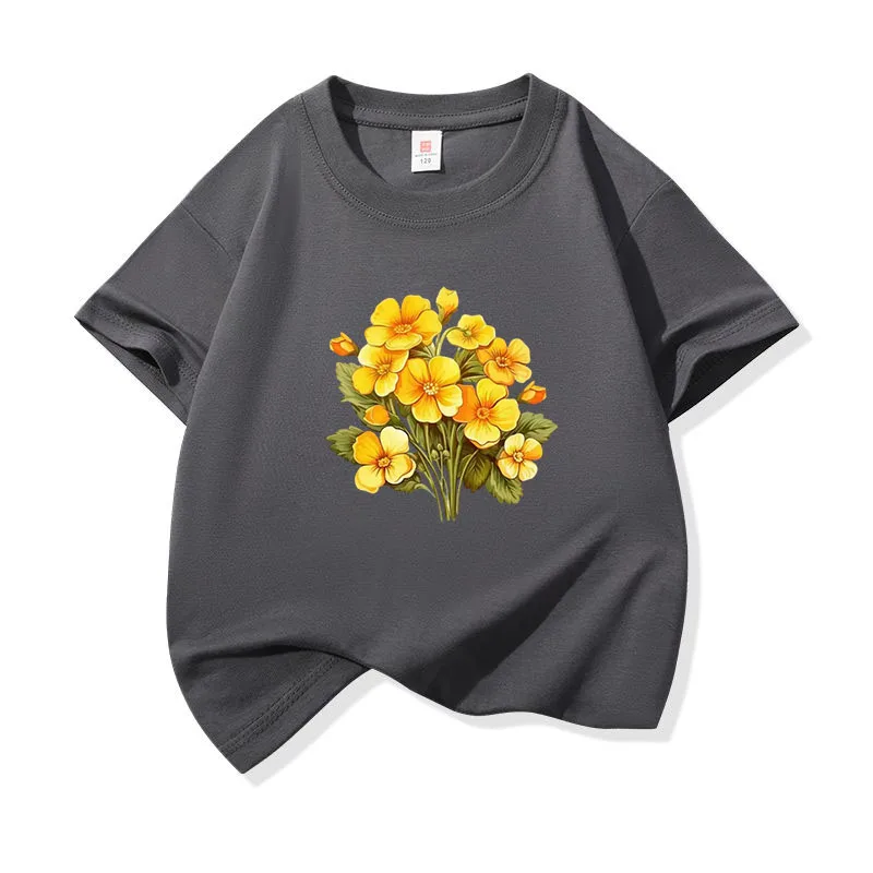 

Kids Cotton T Shirt Bright Yellow Primrose Flower Print Crew Neck Short Sleeve Tee Casual Breathable Girls Boys Summer Tops