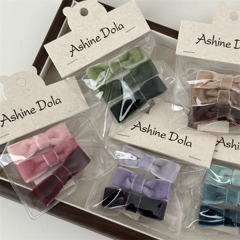 3 Pack Gradient Velvet Bow Barrettes Cute Sweet Bang Side Clip Hairpin Duckbill Clip New Hair Accessories