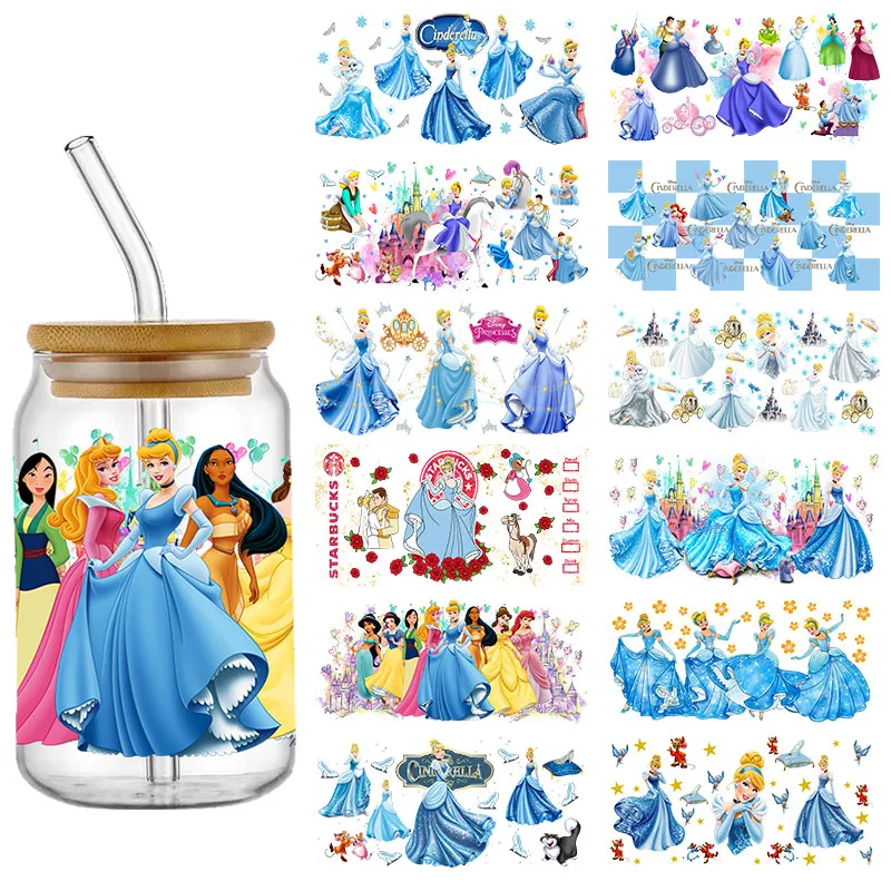 Disney Princess 16oz Libbey UV DTF Glass Can Wrap Cartoon Movie Magical Glass Can Design Princess Tumbler Wrap