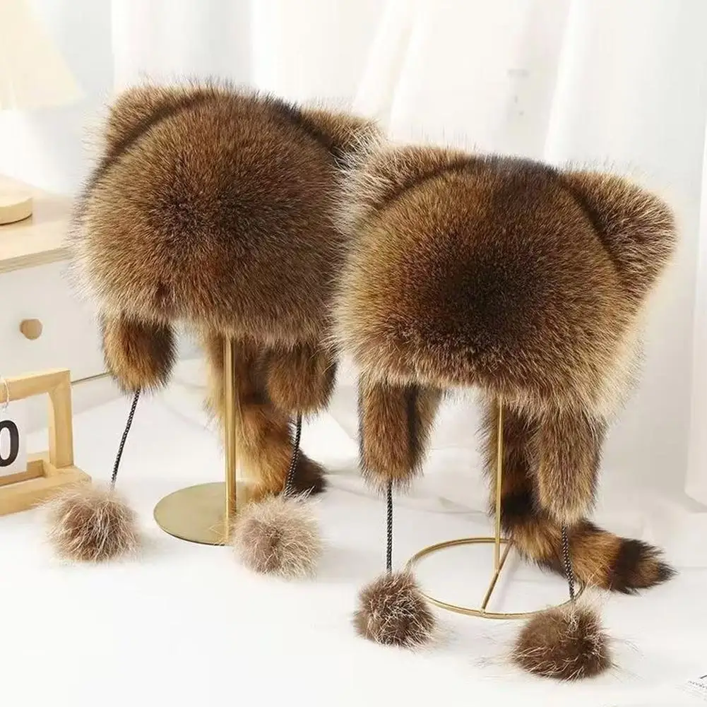 Plüsch Waschbär Pelzmütze Schwanz Frauen natürliche Waschbär Pelzmützen Hüte für Erwachsene/Kinder Winter dicke warme Ohren Mode warme Mütze – Detail 6