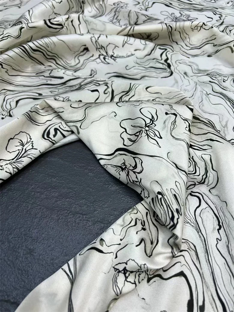 New Black and White Orchid Flower in Ink Twill Stretch Silk Fabrics Dress Shirt Cheongsam Real Silk Cloth