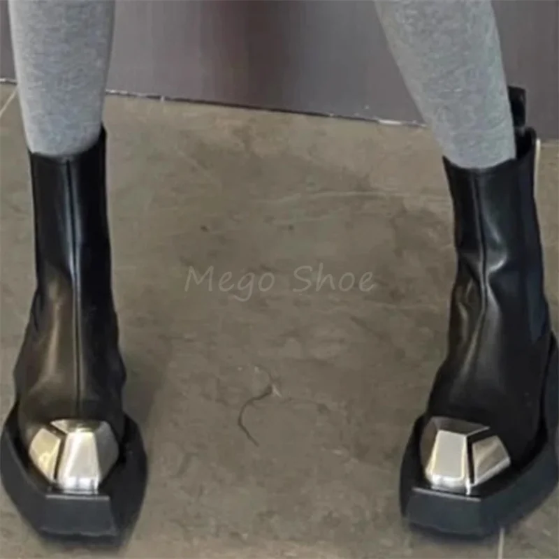 Metal Toe Black Leather Chelsea Boots Women Elastic Band Slimming Boots Thick Soled Motorcycle Style Short Boots High Top Shoes