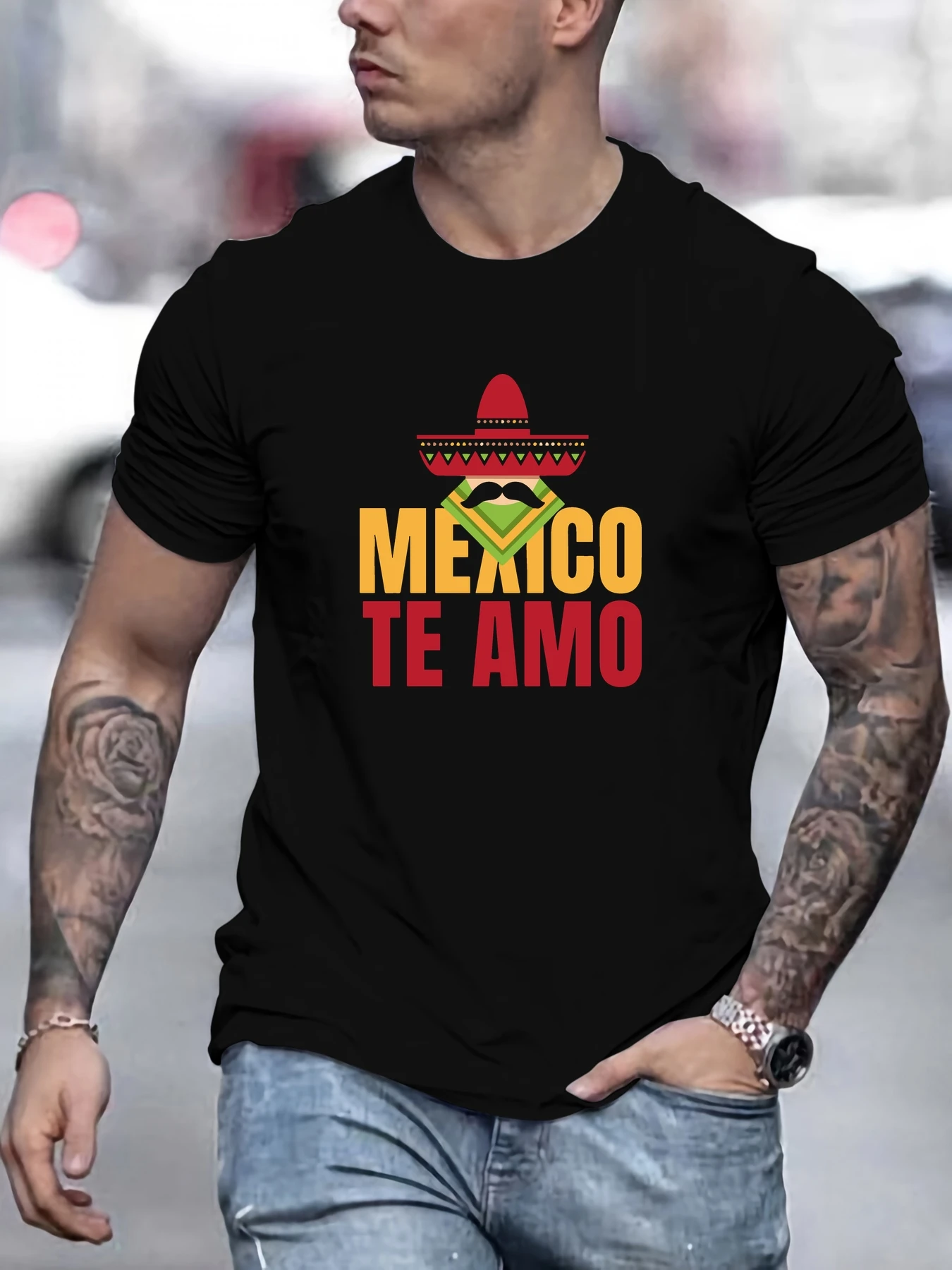 

Men's Mexican style pattern summer casual crew neck short T-shirt