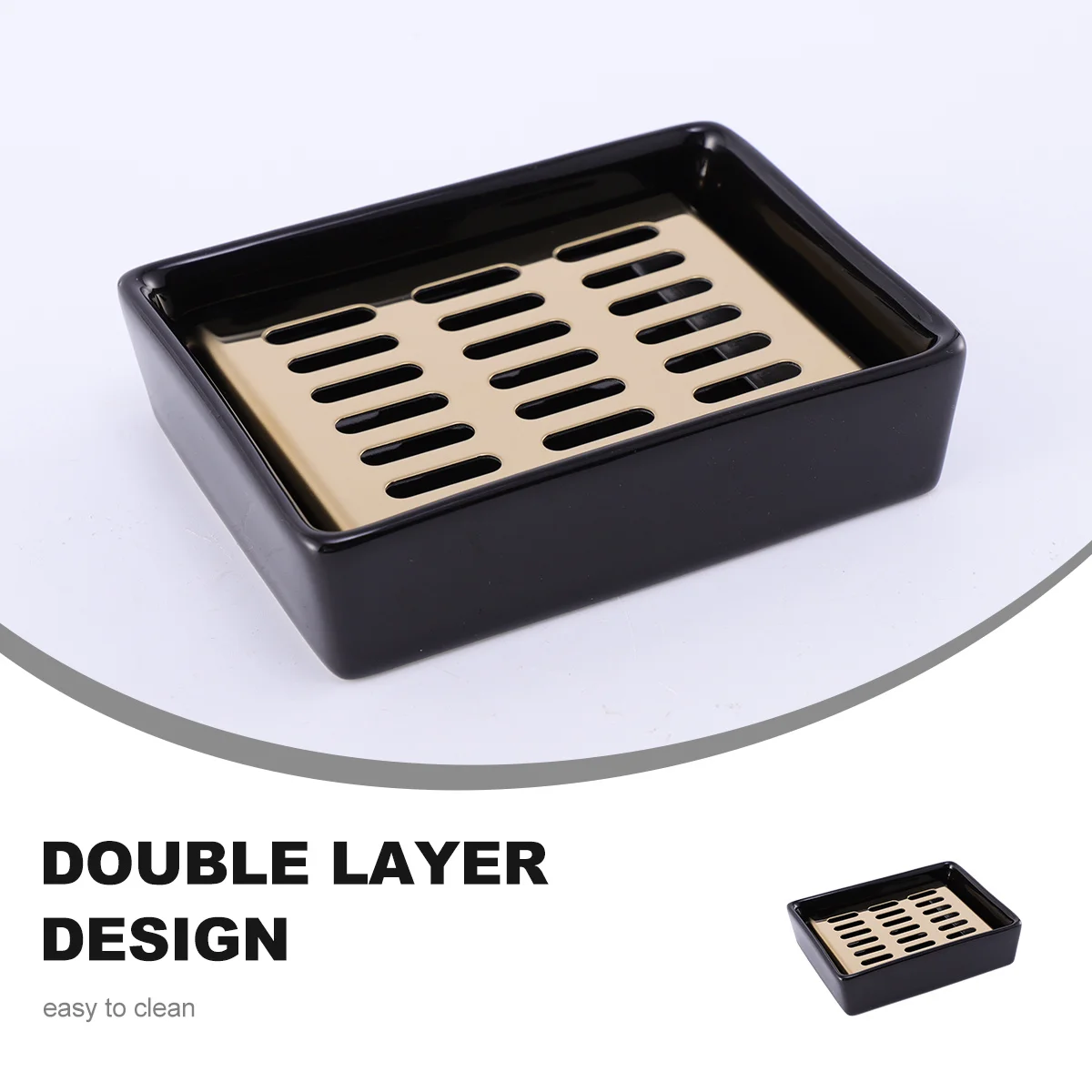 

Ceramic Double Soap Box with Drain Design Black Base Golden Stainless Steel Grid Easy Clean Soap Holder for Bathroom Kitchen