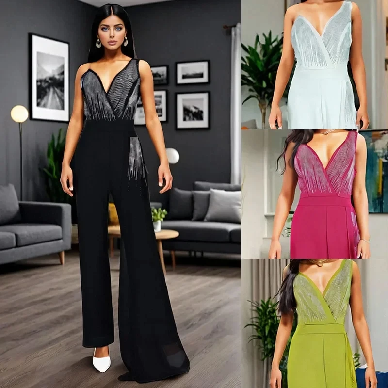 

African Party Evening Clothes for Women Autumn Sexy African Sleeveless V-neck Long Jumpsuit Outfits Dashiki Africa Clothing