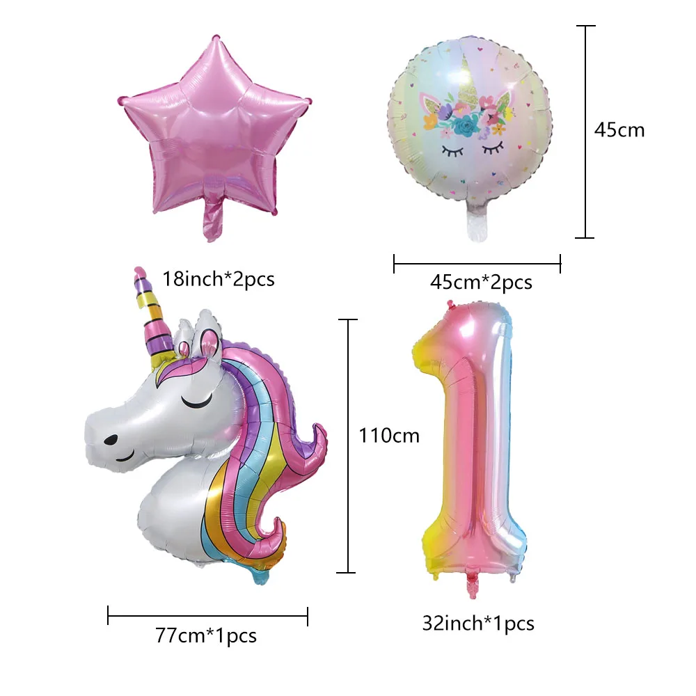 6pcs Rainbow Unicorn Balloon 32 Inch Number Foil Balloons 1st Kids Unicorn Theme Birthday Party Decorations Baby Shower Globos