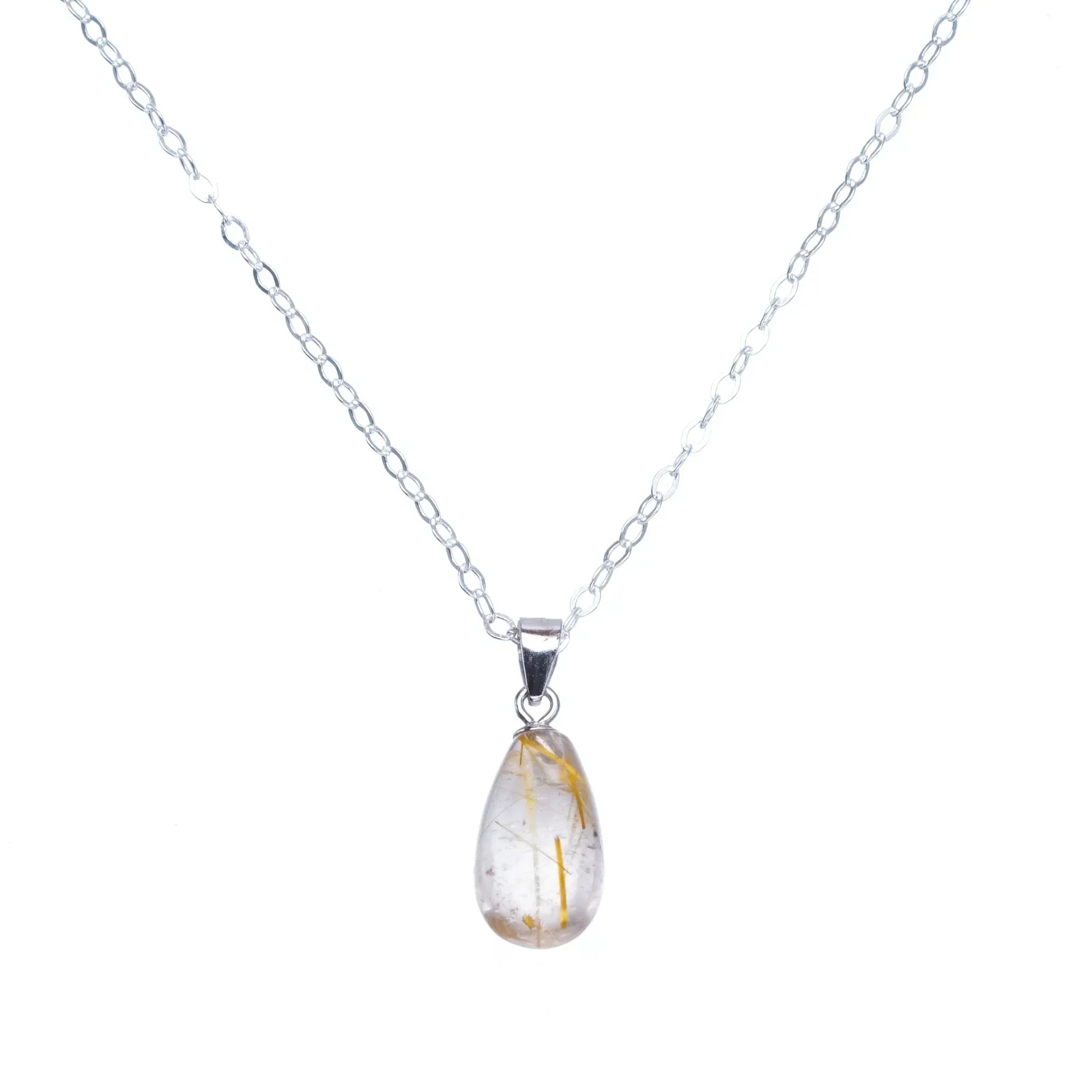 StarGems Natural Golden Rutile Teardrop Handmade 925 Sterling Silver Necklace 16-18