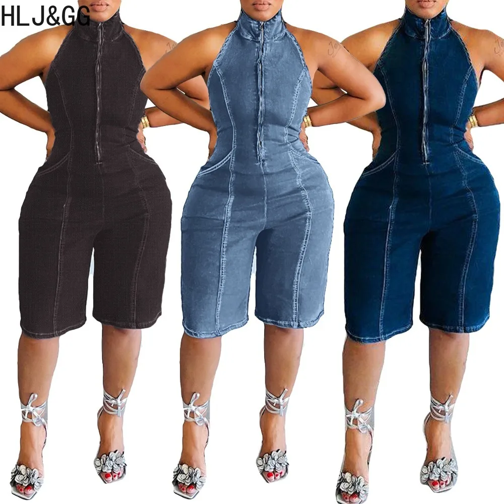 HLJ&GG Fashion Denim Splicing Backless Slim Rompers Women Round Neck Sleevless Elasticity Jumpsuits Summer Female Cowboy Overall