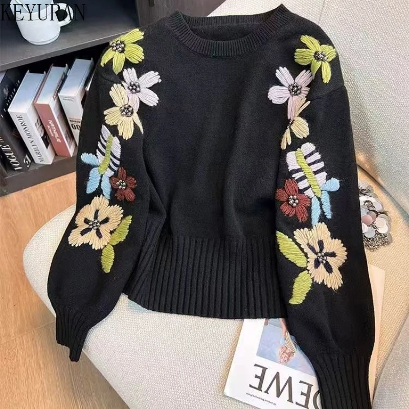 

Black Vintage Floral Embroidery Knitted Sweater Women's Autumn Winter New Style Fashion Loose Pullovers Sweaters Ladies Jumpers