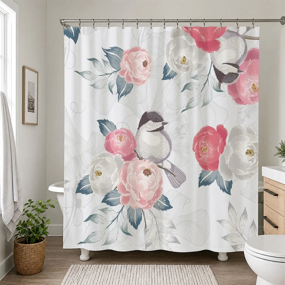 Watercolor Floral Bathroom Shower Curtain Cute Pink Peony Watercolor Animals Bathroom Shower Curtain Liner