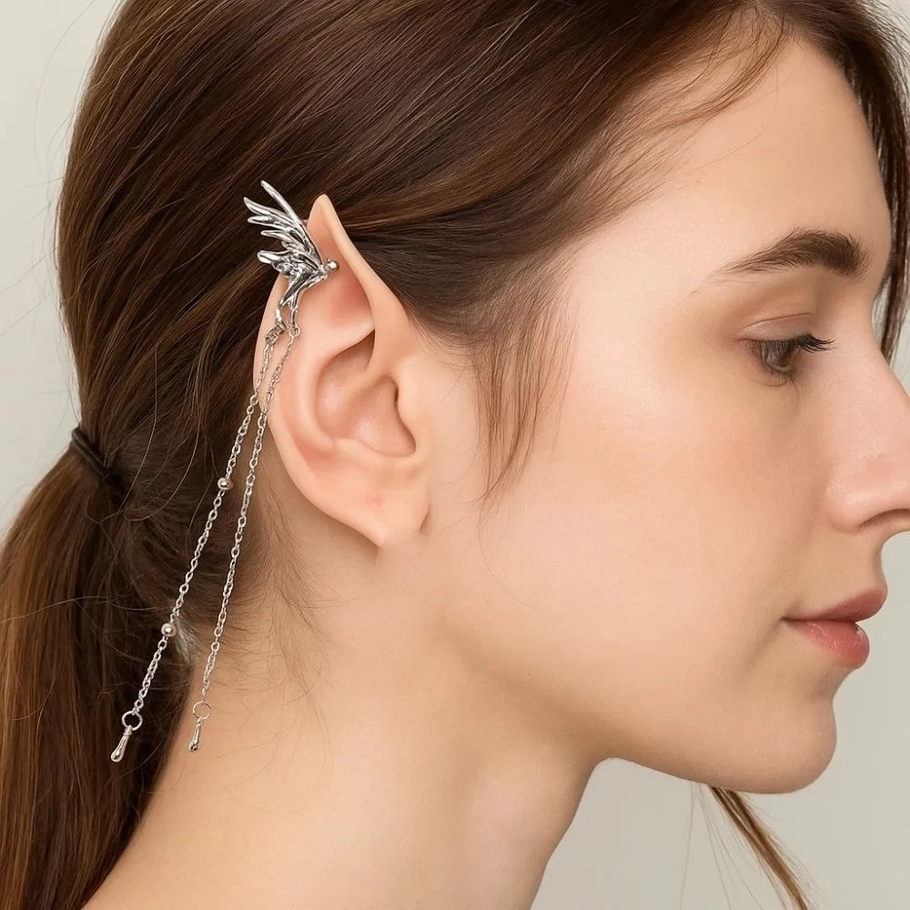 1pair Fairy Latex Elf Ears Cross Non-pierced False Ears Women Earrings with Earring Ear Cuff Jewelry Cosplay Accessories