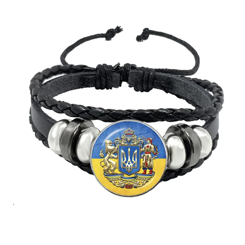 Tryzub Ukraine Button Leather Bracelet Ukrainian Rune Vintage Patterns 20mm Glass Cabochon Jewelry for Men Women Classic Gift