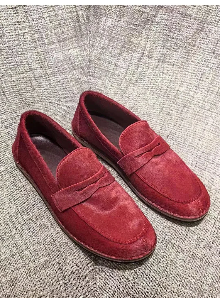 Small Niche Horsehair Red Genuine Leather Loafers, Women's Bean Shoes, One Foot British Style Small Leather Shoes, Single Shoes