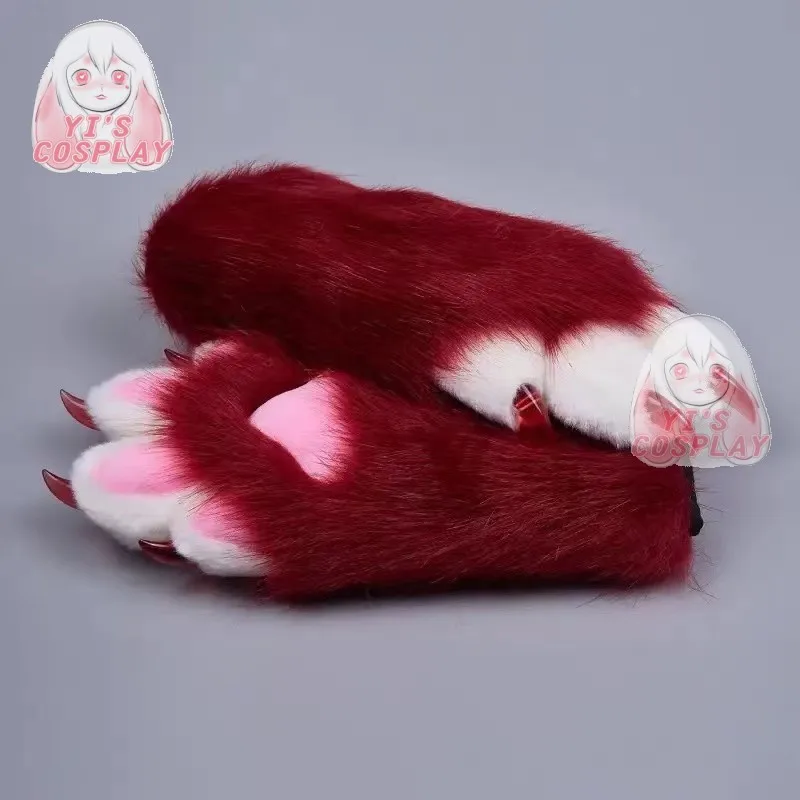 Furry Paw Gloves Customized Furry Head Fursuit Kigurumi Plash Gloves Paw Fluffy with one left New Yellow Pink Rabbit Fur Ear