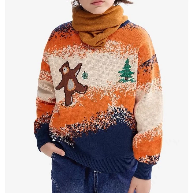 Sweet Cute Cartoon Christmas Sweater Jumpers Crew Neck Knit Cute Bear Pine Tree Pullover Color Block Gradient Casual Fall Winter