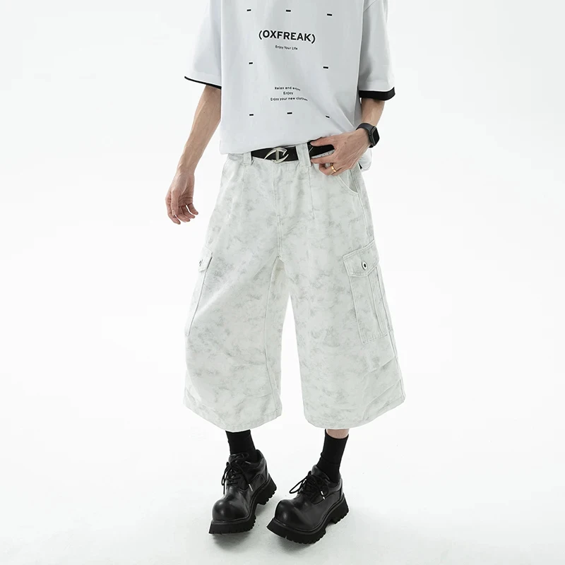 

Camouflage Dirty White Workwear Pleated Cropped Men's Shorts Summer 2026 New Wide Leg Knee Length Pants With Pockes