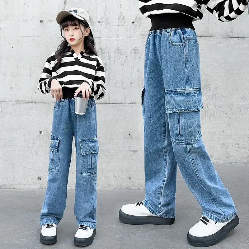 

Casual Straight School Children Trousers Fashion Cargo Jeans for Girls Spring 2024 Blue Pocket Design Teenage Kids Cargo Pants