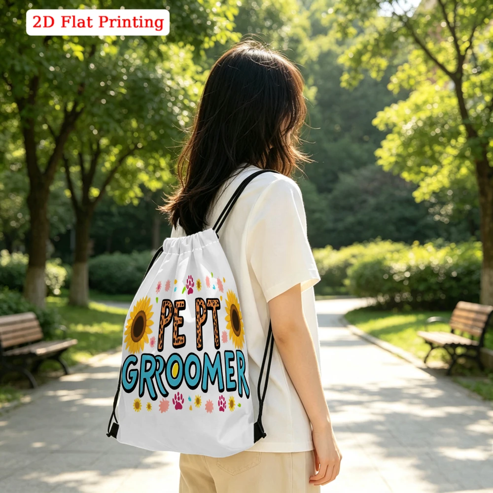 Cute Pet Groomer Drawstring Backpack, 2D Flat Printing Sunflower Paw Pattern, Gym Sports Bag, Outdoor Travel Cinch Sack