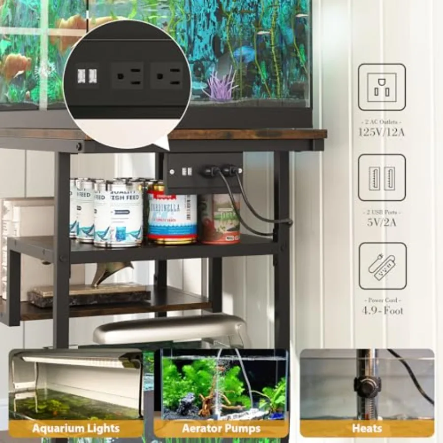 Home office fish tank stand for 20-29 gallon aquariums, metal U-shaped rustic brown heavy-duty terrarium rack with power outlet