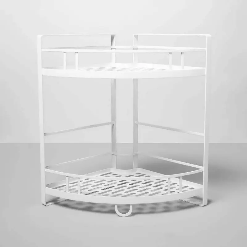 

2 Tier White Metal Corner Shelf with Holes Kitchen Storage Organizer for Spices Under Sink Space Saving Rack