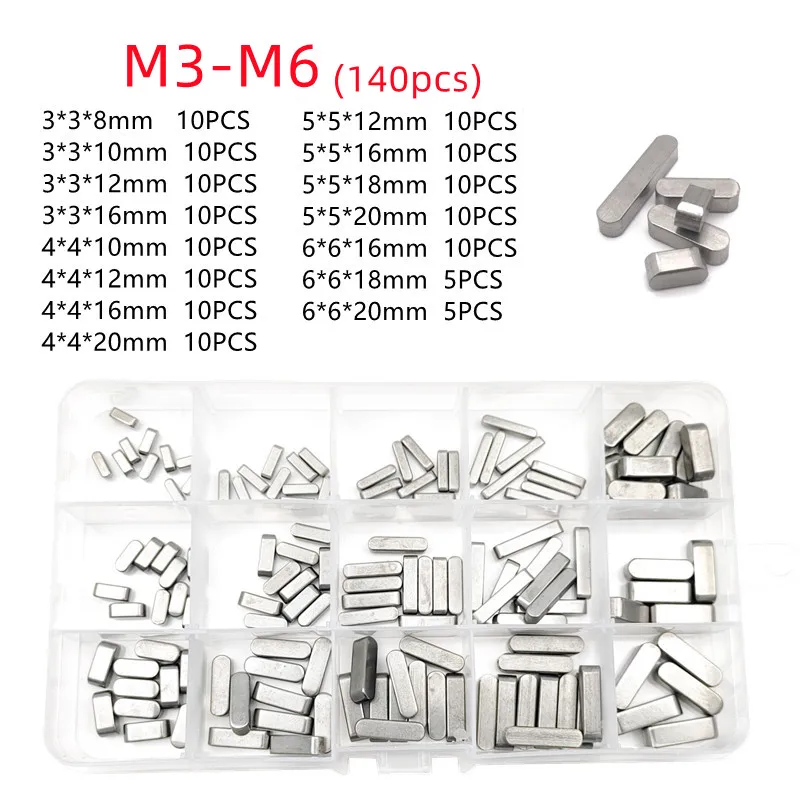 

140pcs M3 M4 M5 M6 Square Rectangular Keys Stainless Steel Dowel Drive Shaft Parallel A Type Flat Key Kit