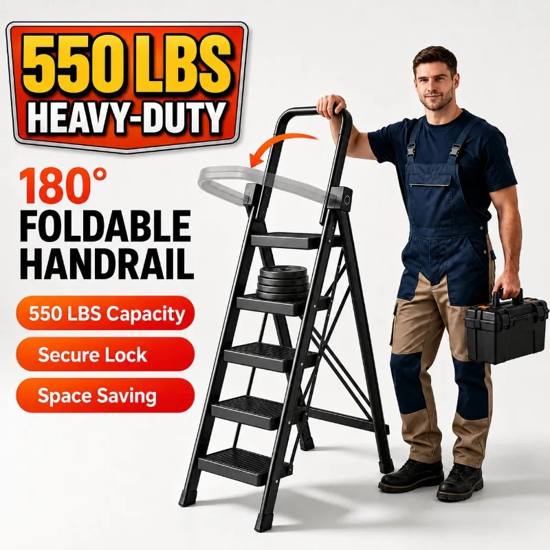 Ladders 5/4/3/2 Step Heavy Duty Folding Step Ladder With Handrail, 550LBS High Load Capacity Wide Non-Slip Pedal Stool, Sturdy & No Wobble