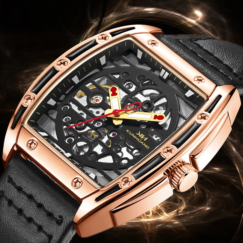 

KunHuang оригинальные автоматические механические часы со скелетом для мужчин, водонепроницаемые светящиеся мужские наручные часы из нержавеющей стали