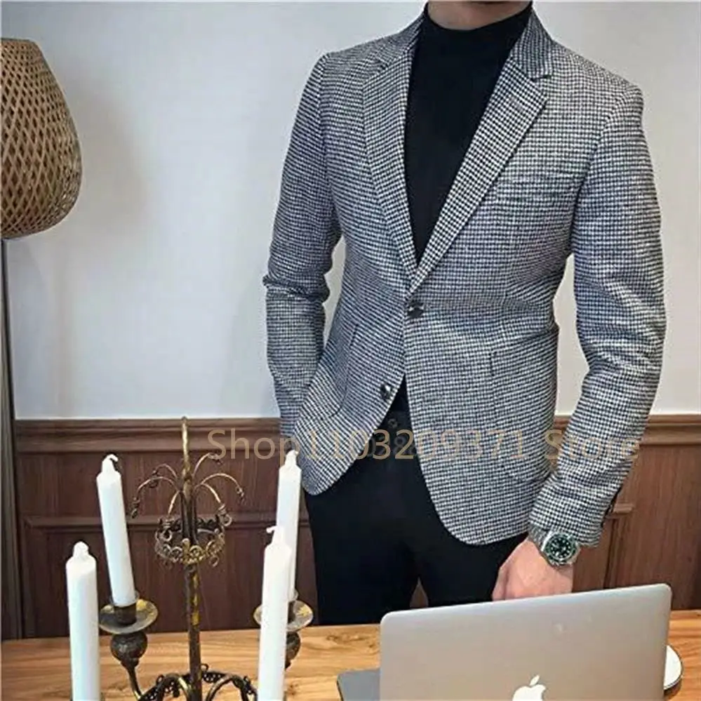 Italian Style Men\'s Blazer Houndstooth Casual Man Suit Jacket Notched Lapel One Piece Check Wedding Coat for Prom Party