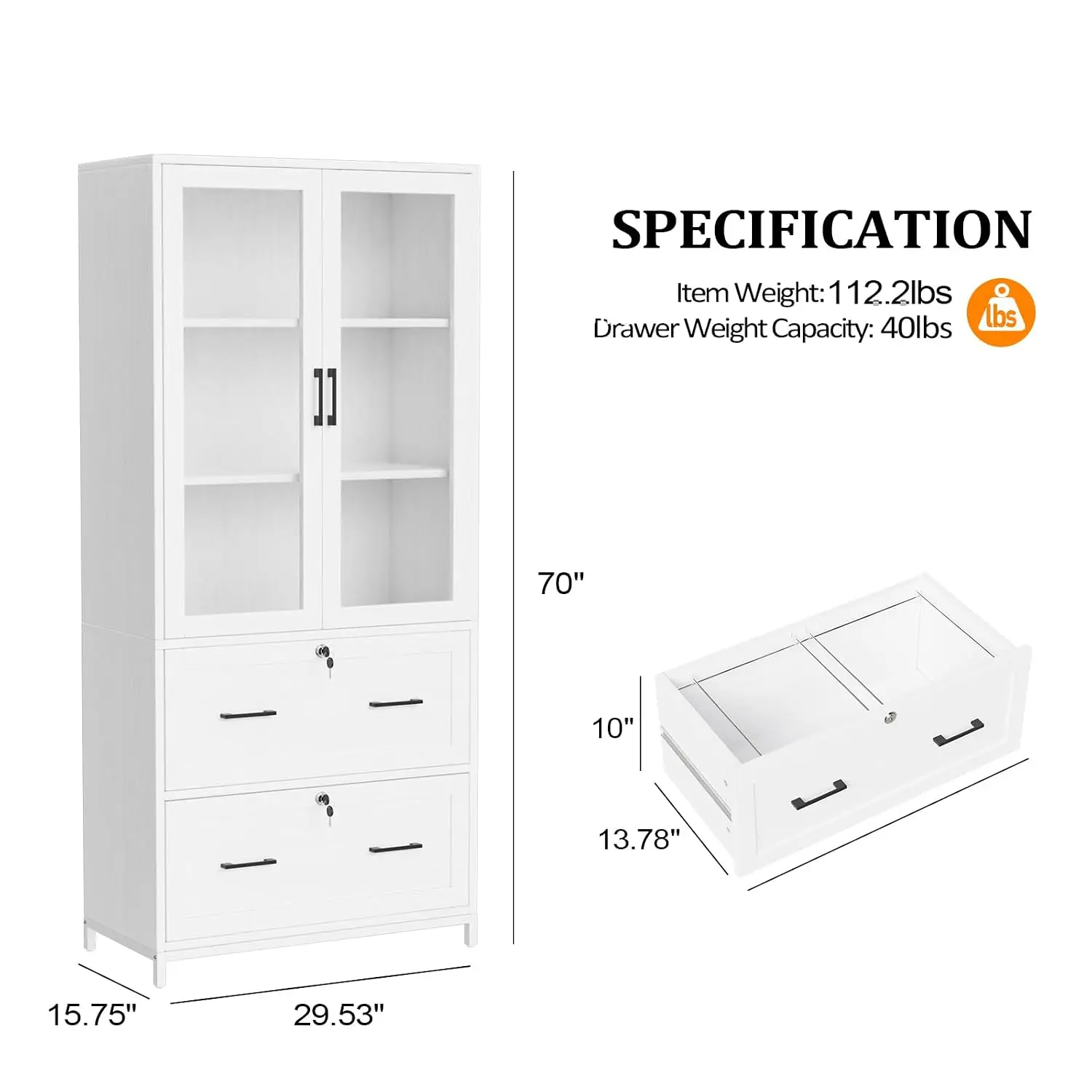 Lateral File Cabinet Glass Door 2 Lock Drawer Hanging Folder Adjustable Shelf Home Office 30