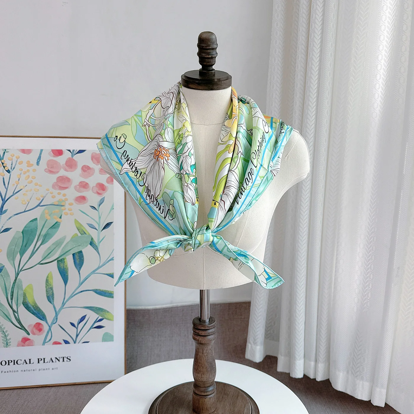 Bufanda verde claro 90/90 diseño de lujo para mujer bufanda de cuello rizado a mano Hijab pañuelo para la cabeza chal con estampado de flores 100 Pro seda