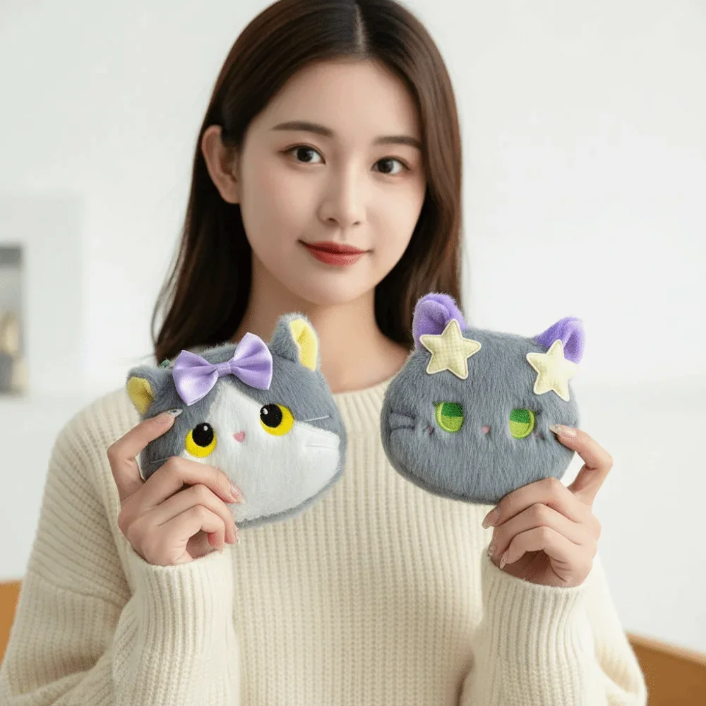 Star Decor Cat Coin Purse Compact Size Faux Fur Mini Wallet Fabric Zipper Closure Cartoon Animal Pouch Fashion Girls