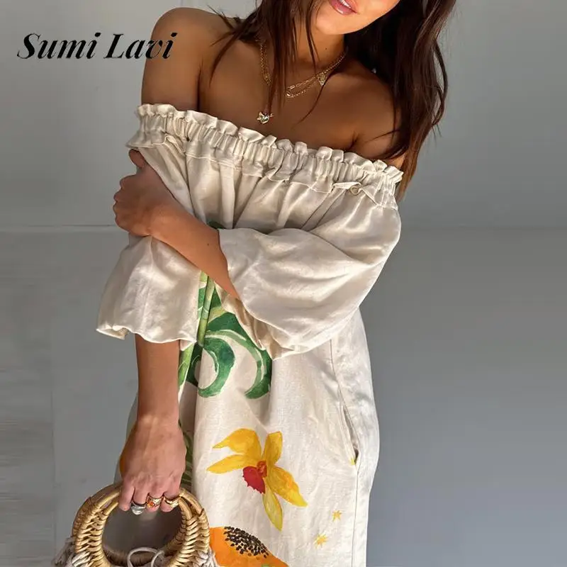 Elegante fora do ombro manga longa bohe vestido moda altura cintura solta plissado vestido longo senhora casual flor impressão vestidos de festa