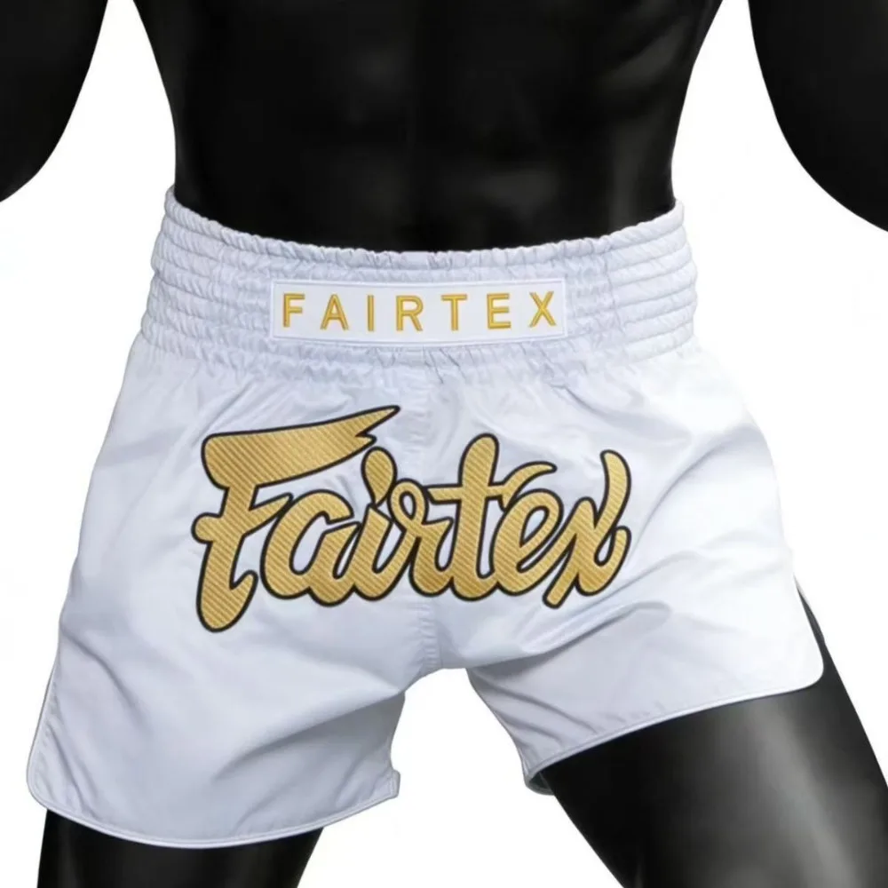 Classic Black White Satin Boxing Shorts Quick Dry Muay Thai Competition Training Shorts Embroidered Fairtex-Logo Boxing Trunks
