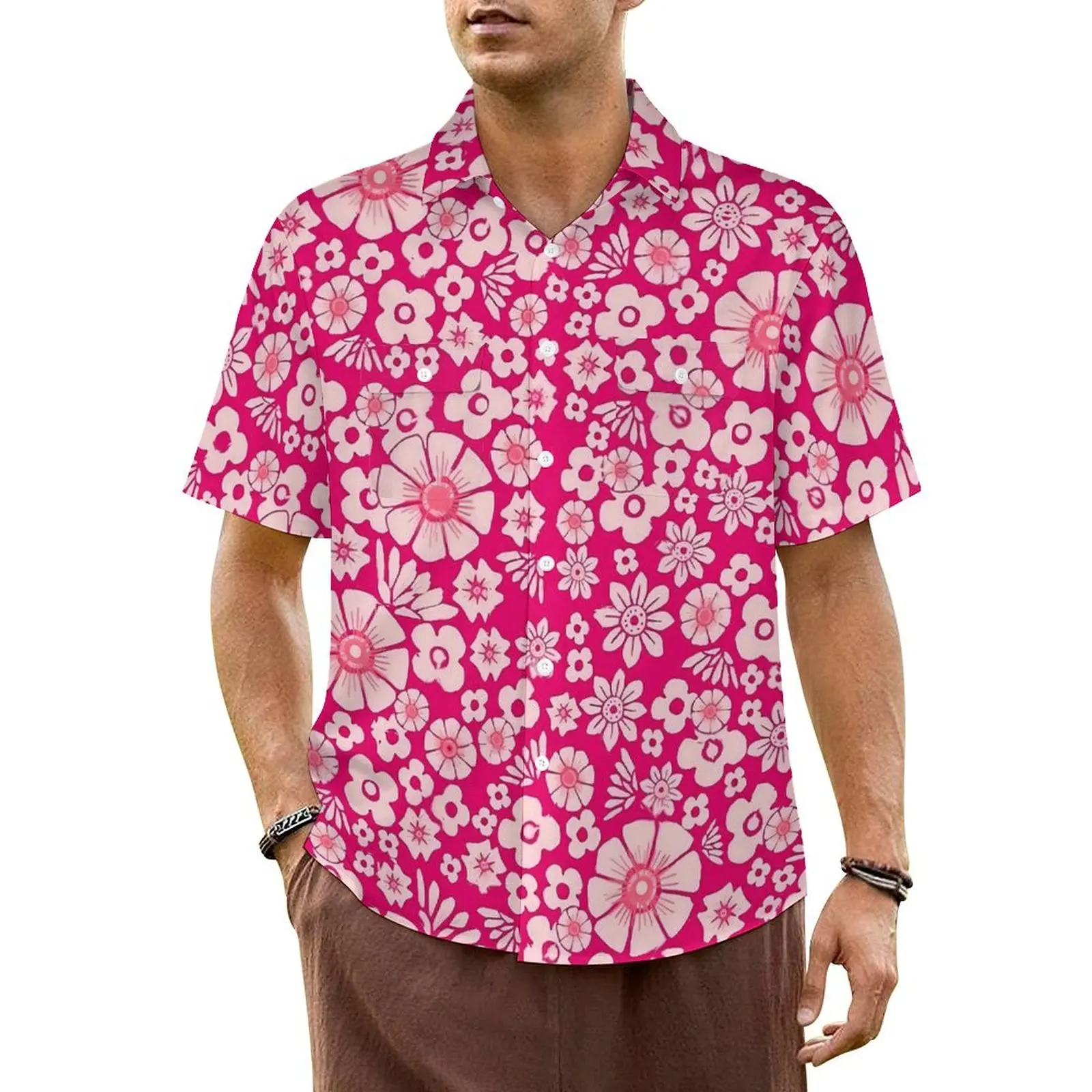 

Ditsy Floral Casual Shirt Pink Flowers Print Classic Hawaii Shirts Mens Short Sleeve Beach Y2K Funny Plus Size 6XL 7XL Blouses