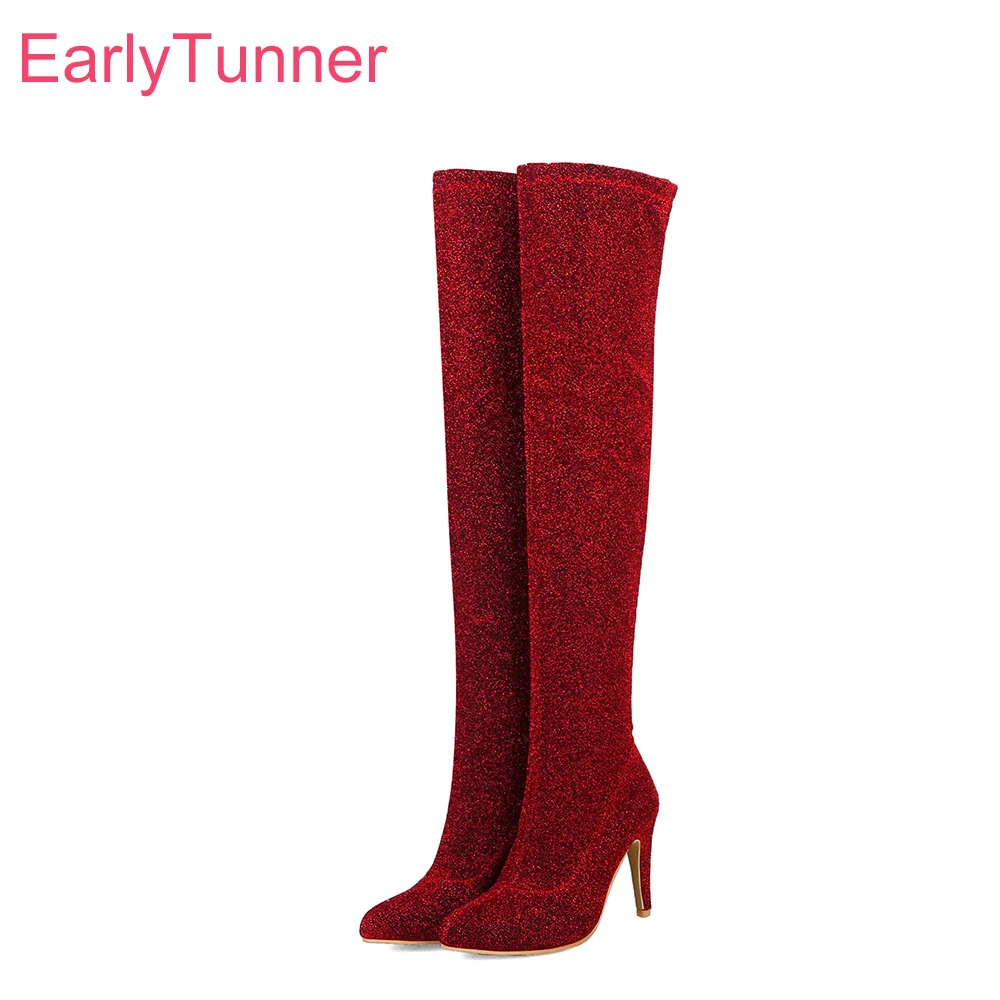 

New Winter Fashion Red Black Women Thigh High Boots Pointed Toe High Spike Heels Lady Shoes Plus Big Small Size 11 12 32 45 48