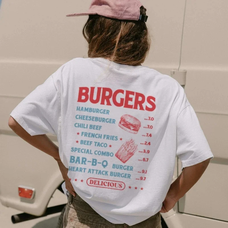 

Women's 90s Vintage Burger Back Print Retro Streetwear Pattern T-shirt Oversized Gourmet Neutral Fashion Y2k Clothes
