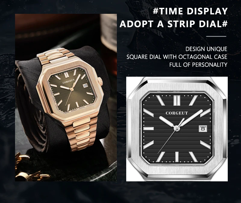 Customized Logo 44.5MM Mechanical Square Steel Case Aseptic Watch Automatic Movement NH35 Fashion Date Gift Men's Watch Corgeut