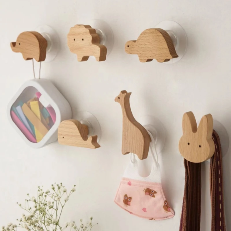 Wooden Wall Hook Cute Animal Solid Wood Wooden Wall Hook for Kids Room Kitchen Home Coat Key Hanger Decor Accessory
