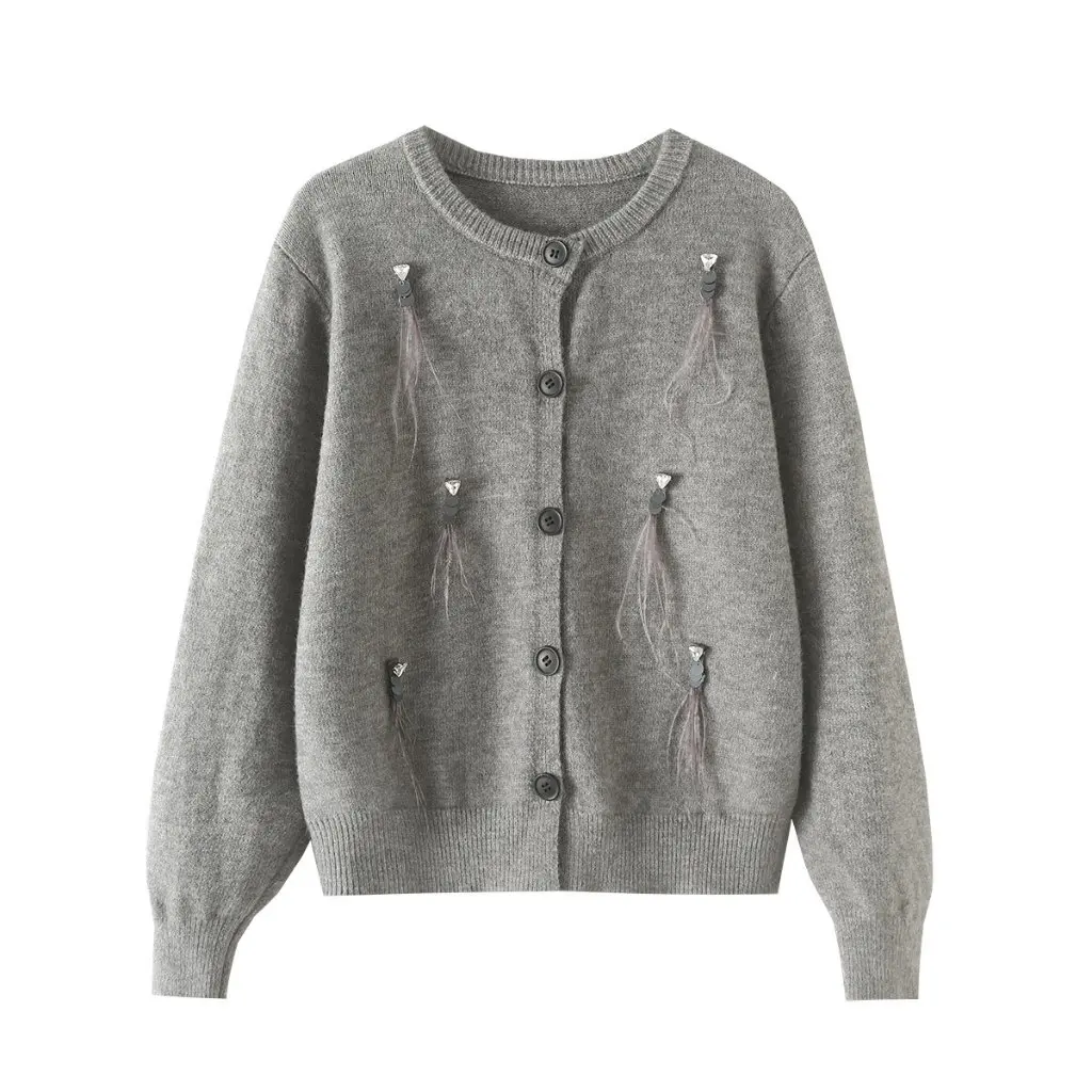 

Women's Three-Color Knitted Cardigan Autumn Fashion Beaded Feather Decoration Cross Border Style D224503