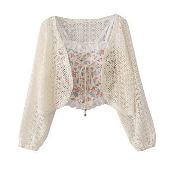 여성용 레트로 포레스트 홀리데이 스타일 레이스 할로우 가디건 + 꽃무늬 프린트 짧은 서스펜더 상의 투피스 세트 