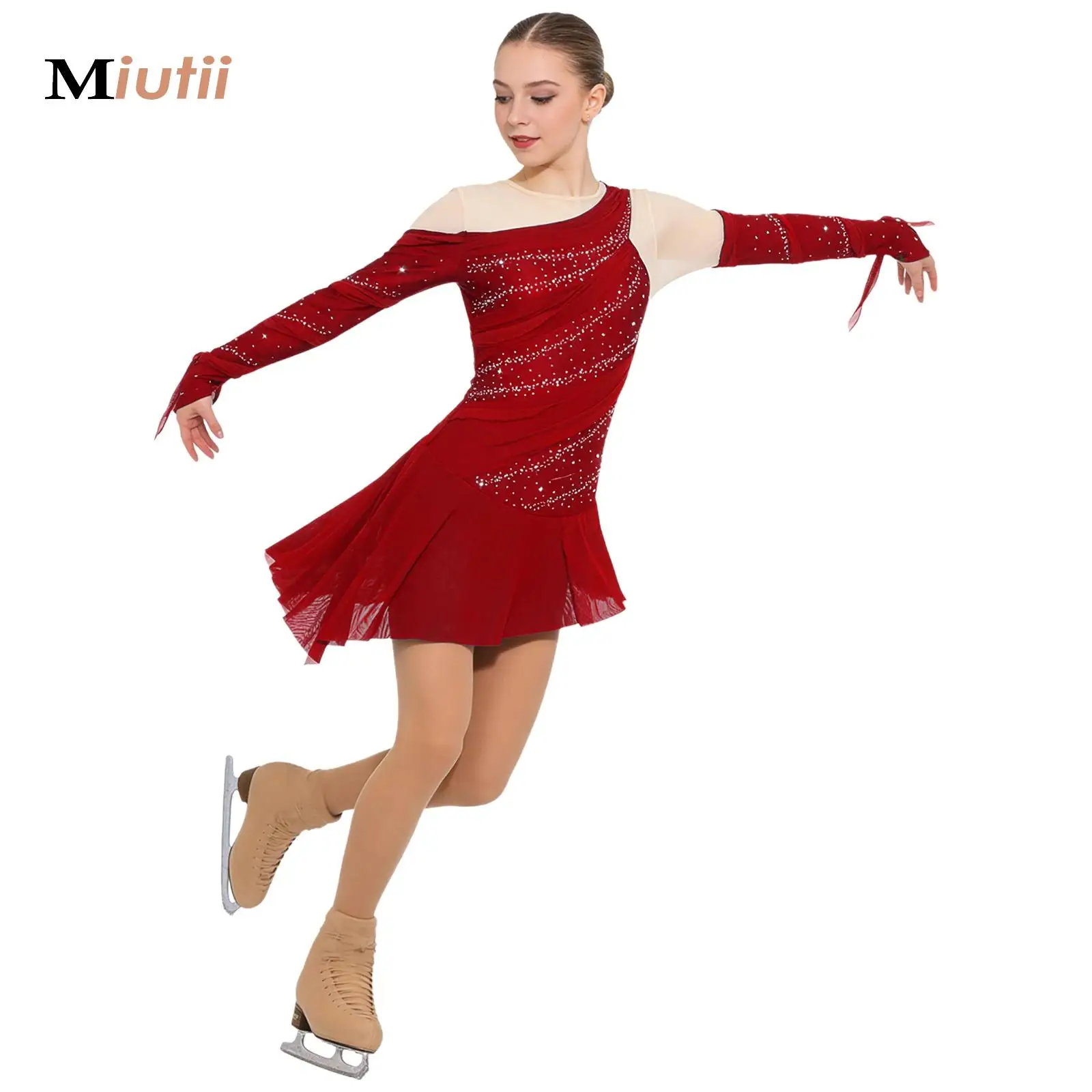 

Womens Ballet Dress Ruched Rhinestones Irregular Mesh Tulle Lyrical Dance Costume Contemporary Leotard Bodysuit Dress Dancewear
