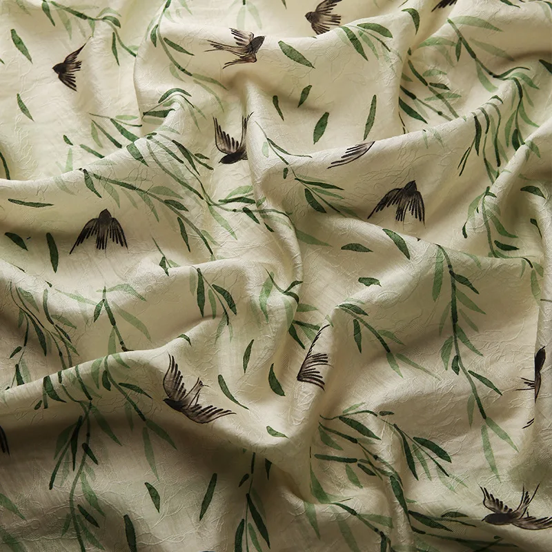 Swallow and Green Willow Print Translucent Jacquard Fabric for Sewing Thin Pants Dress-Polyester Acrylic Fabric 150CM Wide Y305