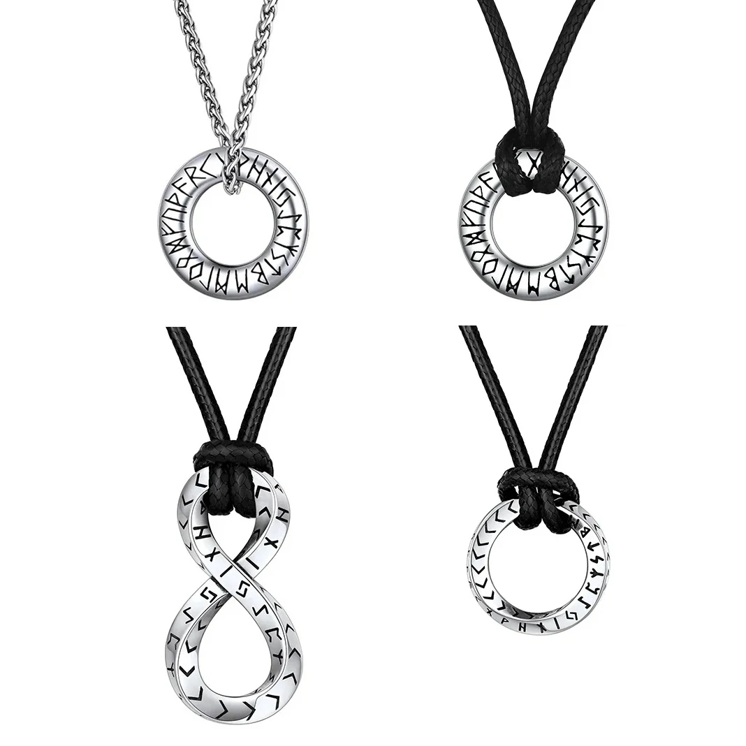 

U7 Stainless Steel Nordic Viking Runes Necklace for Men Mobius Infinity Triangle Round Loop Pendant Wax Cord Wheat Chain Jewelry