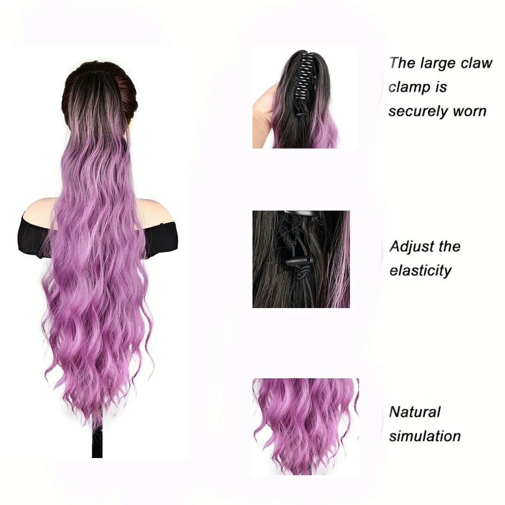 Extensión de pelo de cola de caballo para mujer, postizo largo de 24 pulgadas con onda de agua, Clip de agarre, esponjoso, rizado, degradado, accesorio para el cabello para fiesta de cosplay