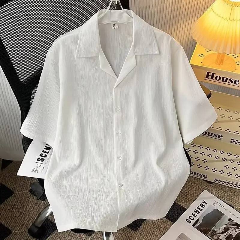 

2025 Summer New Fashion Men's Black White Solid Color Casual Trendy Turn-down Collar Short Sleeve Loose Shirts Male Clothes Tops