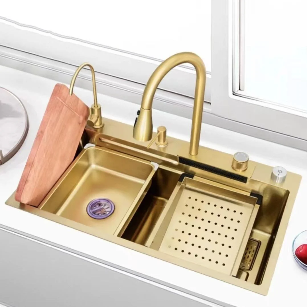 Faucet Above Counter Sink Lavabo De Cuisine Multifunctional Kitchen Sinks Gold Stainless Steel 304 Rainfall