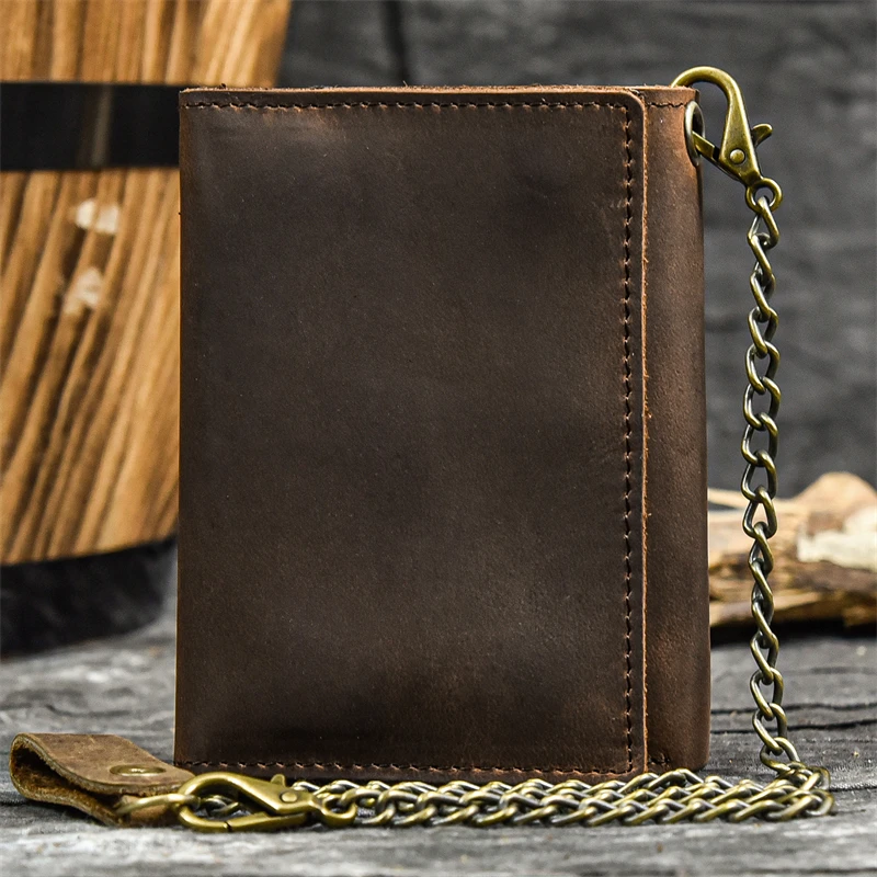 Luufan Men Genuine Leather Short Wallet With Chain Zipper Clutch Wallets Male Short Trifold Purse Card Holder Change Coin Purse