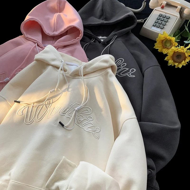 

Мужская толстовка оверсайз с вышивкой в американском стиле, весенне-осенняя, для пар, плотная, повседневная одежда